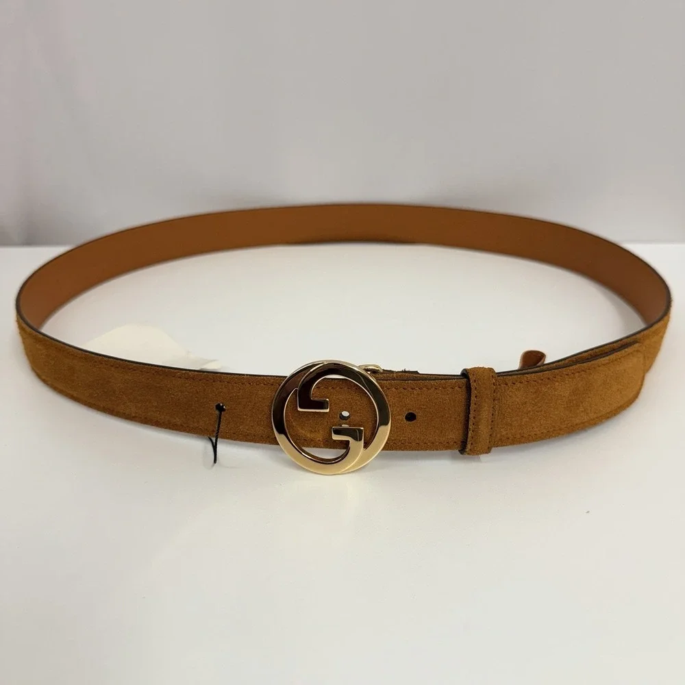 Gucci Suede Blondie Belt Cognac NWT GG Gold Interlocking Buckle Size 100